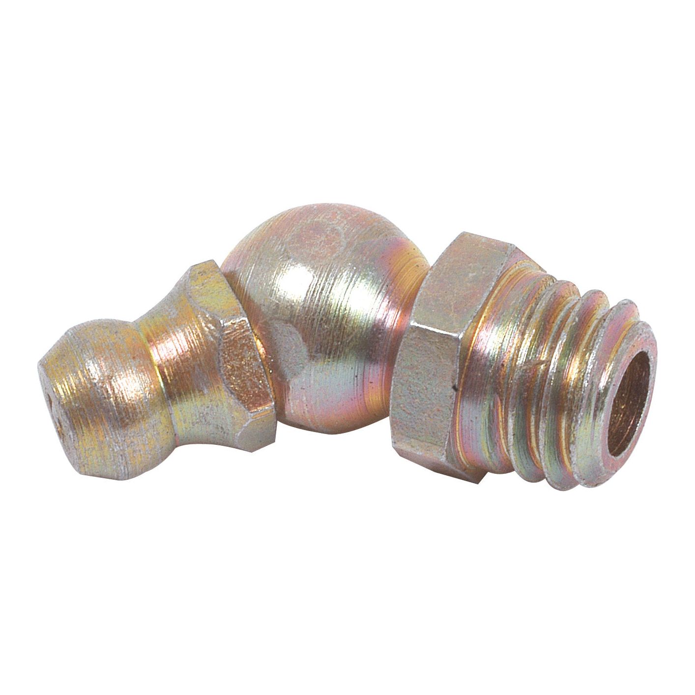 The Sparex Grease Nipple (Part No. S.857) features a metric thread on one end and a ball-shaped joint in the middle, making it ideal for lubricating mechanical parts, especially on Massey Ferguson equipment.