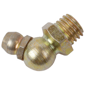 Close-up of a Sparex grease nipple - S.864, featuring a metallic body with a threaded end, an angled 67° design, and a spherical tip, commonly known as 1/8'' Briggs connectors.