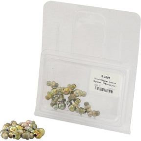 A plastic container labeled "Grease Nipples - Imperial (Agripak - 10 pcs.) | Sparex Part No. S.3801" from the brand Sparex contains a pack of ten metallic grease nipples, with a few grease nipples scattered outside the container.