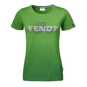 The AGCO Fendt Green Women's T-shirt (X99102018C) features a large "FENDT" print and a gray tractor image with a subtle color gradient on the front.