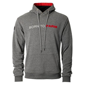 Introducing the AGCO Massey Ferguson Grey Unisex Hoodie, model X993322218, featuring a front pocket and drawstrings. Boldly printed with "BORN TO FARM" in white and red across the chest.