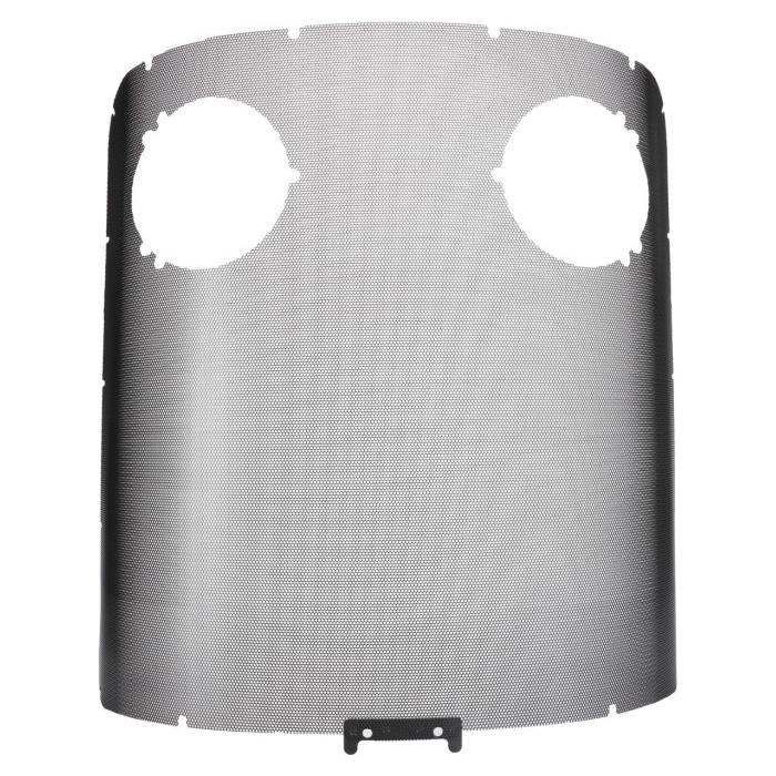 A perforated metal grille with two circular cutouts and a small rectangular bracket at the bottom, compatible with Massey Ferguson 6485 models, branded as AGCO Massey Ferguson - Grille - 4281289M6.