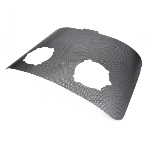 A curved, perforated metal shield with two round cutouts, known as the Massey Ferguson Grille - 4290509M1 from AGCO, likely used as a protective or ventilation component, similar to those found in the 6400 Series from Massey Ferguson.