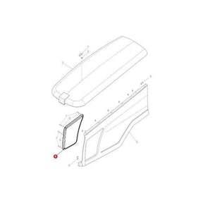 An exploded diagram of a vehicle's roof, side panel, and door is displayed, with various components labeled with numbers for identification. This detailed schematic is reminiscent of the thorough breakdowns found in AGCO's Massey Ferguson 5400 Series manuals, specifically relating to parts like the Grille L/H (4291489M1).