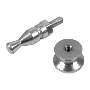 Two metallic components with threaded ends. The left piece, identified as the Grille Retainer Stud (Sparex Part No.S.60435) by Sparex, has a cylindrical body with a tapered tip, while the right one appears to be a grill retaining washer or spool-like part.