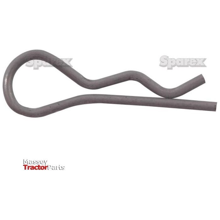 Close-up of a bent stainless steel clip. The text "Massey Tractor Parts" and "Sparex" are visible in the background, identifying it as a Grip Clip - Single Wound with dimensions Clip Ø2.5mm x 43mm, Sparex Part No.S.14973.