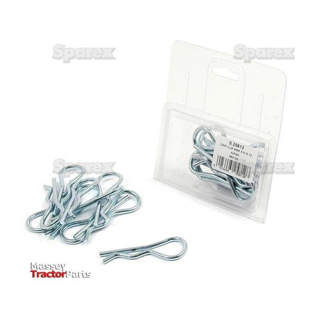 Image of silver Grip Clips, both in a plastic packaging and some scattered next to it, with "Sparex" and "Massey Tractor Parts" logos in the background. The Single Wound Clip design is perfect for securing components, fitting pin Ø12-22mm. This particular product is the Grip Clip - Single Wound, Clip Ø4mm x 79mm (Sparex Part No.S.25812).