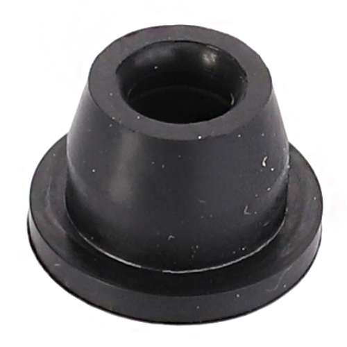 A close-up of the Massey Ferguson - Grommet - 1897100M1, a small, black cylindrical rubber grommet with a central hole, commonly used in Massey Ferguson tractor parts under the AGCO brand.