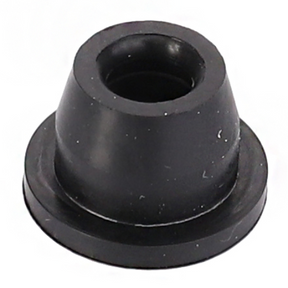 A close-up of the Massey Ferguson - Grommet - 1897100M1, a small, black cylindrical rubber grommet with a central hole, commonly used in Massey Ferguson tractor parts under the AGCO brand.