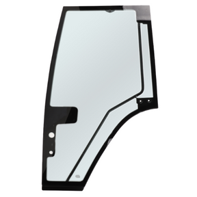 A clear glass car window with a black border, featuring a curved design and multiple mounting holes, fits Fendt models like the Fendt Favorite 514c. This product is named "Fendt - Door Left H816810030330" and is manufactured by AGCO.