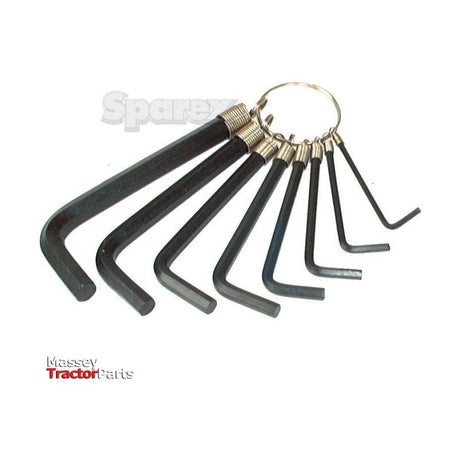 The HEXAGON KEY SET-IMPERIAL SIZES, Sparex Part No. S.743, features a set of black hex wrenches of varying sizes connected by a metal ring, arranged with the largest on the left and smallest on the right. The brand name "Sparex" is prominently displayed at the bottom left, highlighting this essential hex key set.