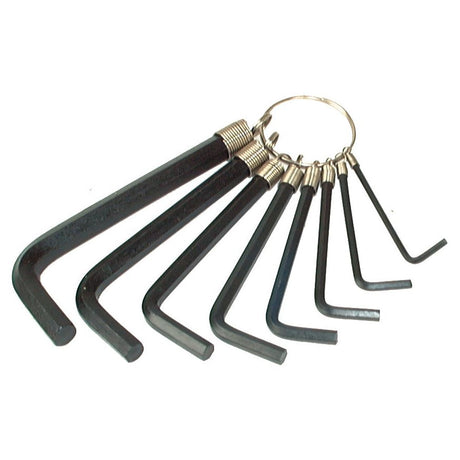 The Sparex HEXAGON KEY SET-IMPERIAL SIZES (Part No. S.743) features a collection of black hex keys in various sizes, all conveniently attached to a metal ring, offering durability and ease of use for any toolbox.
