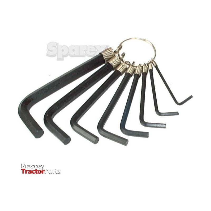 A durable Hexagon Key Set featuring eight black metric hex keys ordered by size and connected with a silver keyring. The background includes a faint logo displaying "Sparex" and "Massey Tractor Parts." This set is identified as Sparex Part No. S.744.