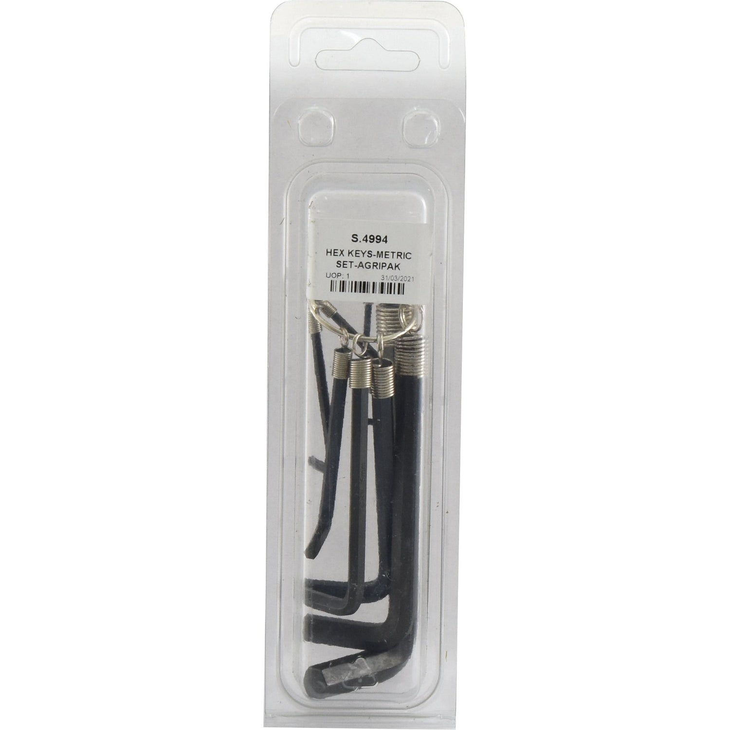 A plastic blister pack containing a Sparex hexagon key set in black. The pack is labeled "HEX KEYS-METRIC SET-AGRIPAK | Sparex Part No.S.4994," with a bar code below.