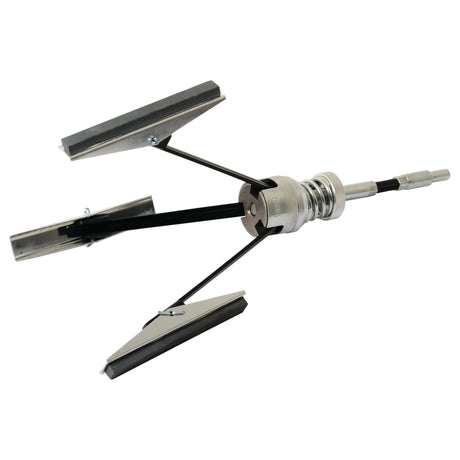 The HONE 3 LEG CYLINDER (Sparex Part No. S.26414) is an adjustable pipe reamer with a threaded end and central handle, featuring a four-blade design for smoothing or enlarging the inner surfaces of pipes. Ideal for de-glazing engine cylinders, it also serves as an effective cylinder honing tool from Sparex.