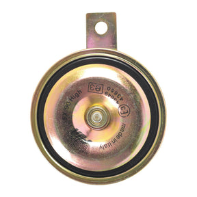 A circular metallic object with a mounting bracket at the top, displaying the text "E9 00 1360, F131, Safari, Go High, Made In Italy." This Sparex Horn 24V (Sparex Part No. S.35482) emits sound at 112dB.