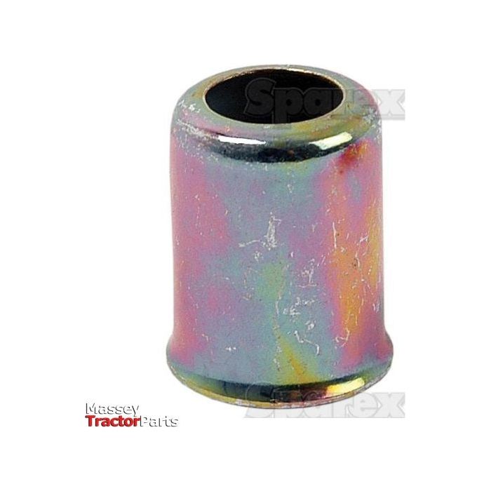 The Ferrule 14.5 x 9.3mm DN06 - S.55163, a cylindrical metal component with a small hole in the center, features a colorful, iridescent finish. In the background, you can partially see the text "Massey Tractor Parts" and "Sparex," along with an oil/fuel resistant hose.
