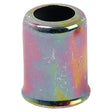 The Ferrule 14.5 x 9.3mm DN06 - S.55163 by Sparex is a cylindrical, metallic component featuring a multi-colored, iridescent surface, specifically designed for oil and fuel resistant hoses.