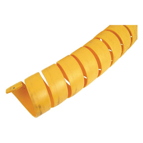 The Sparex HOSE GUARD COIL-110MM DIA 3M - S.19088 is a yellow, 110mm diameter spiral wrap that is 3 meters long, perfect for securely organizing cables or hoses.