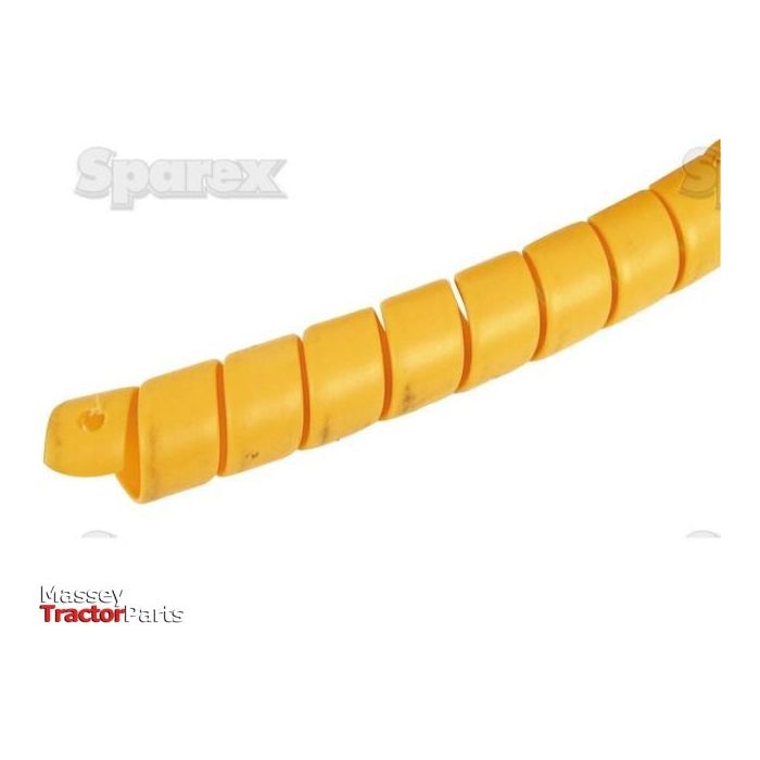 Close-up of a yellow Hose Guard Coil-50MM DIA 3M (S.19086) from Sparex, featuring a flexible protective spiral cable wrap with a 50mm wrapping diameter on a white background. The image includes logos for Sparex and Massey Tractor Parts.