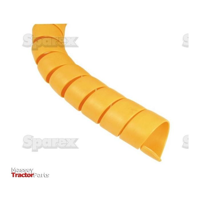 Image of a Sparex HOSE GUARD COIL-75MM DIA 3M - S.19087, an orange plastic spiral hose protector, featuring the logos "Sparex" and "Massey Tractor Parts" in the corners.