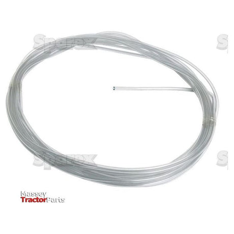 A coiled clear plastic tube by Sparex, with a 3mm I.D., is displayed against a white background, featuring the "Massey Tractor Parts" logo in the bottom left corner. This Plastic Hose (Sparex Part No. S.31240) has a fixed length of 10 meters.