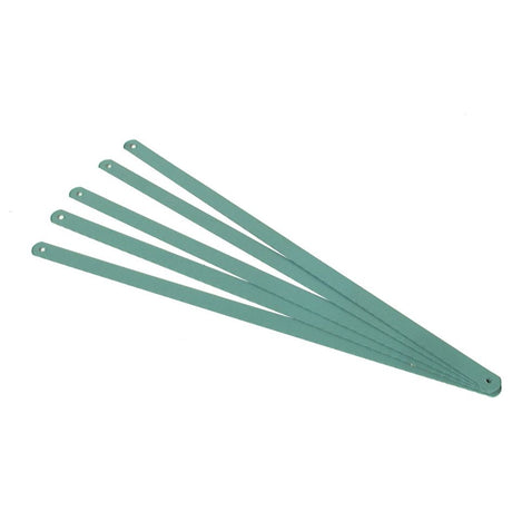 A slightly fanned-out arrangement features five flat, green metal strips resembling the Hacksaw Blade 12'' from Sparex (Part No. S.5638), each with a small hole near one end.