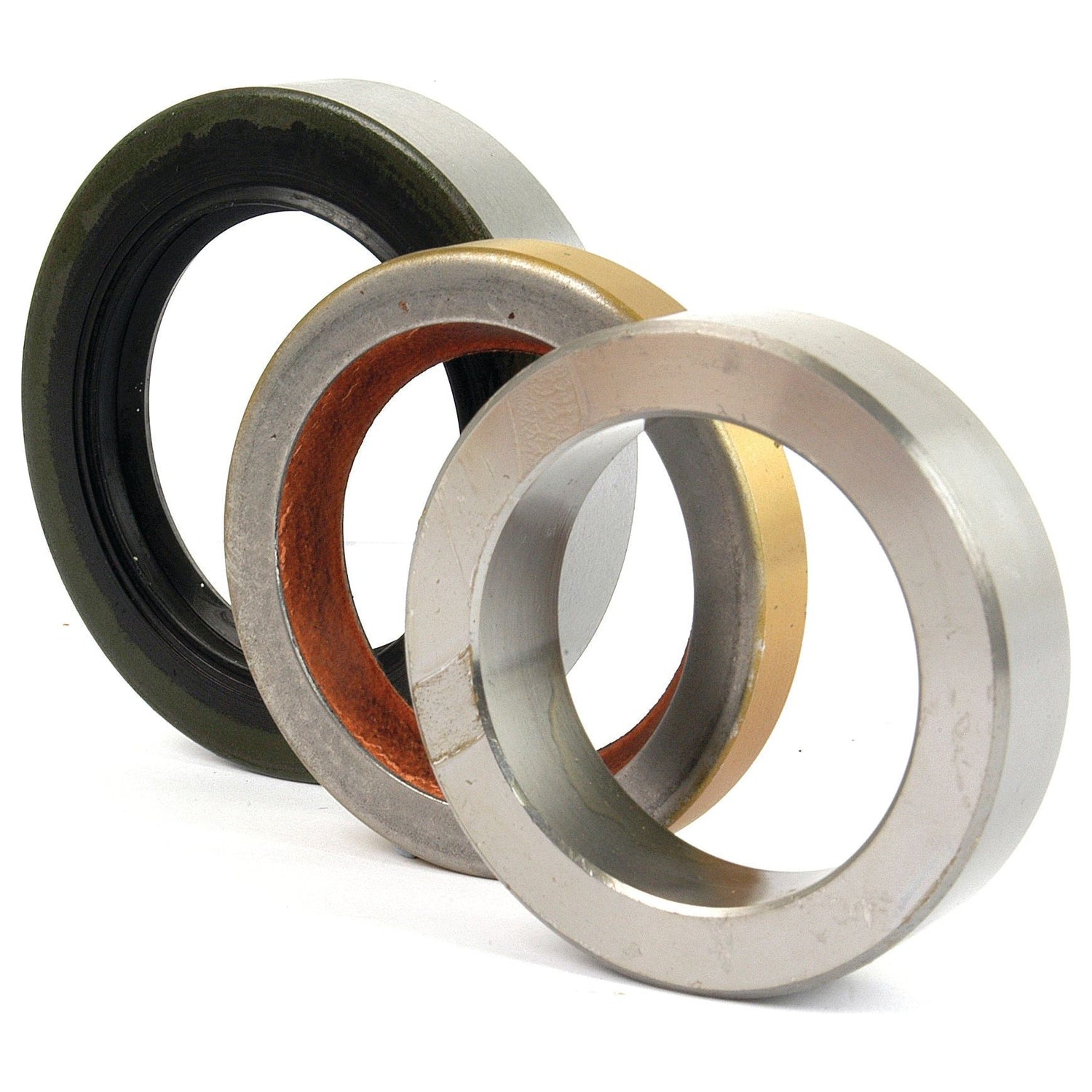 Three metal rings of varying thicknesses and colors, arranged vertically on a white background. The closest ring has a silver finish, the middle one with a bronze interior emulates the rugged durability of the Sparex Half Shaft Repair Kit (Part No. S.42078) for Massey Ferguson tractors, and the farthest has a black edge.