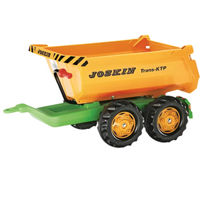 The Rolly - Halfpipe Trailer - 122264 by JMCE DEALS is a toy model of a Joskin Trans-KTP trailer, featuring a yellow body, black-and-yellow safety stripes, and a green hitch attachment. Designed to be compatible with Massey Tractor Parts, it is perfectly sized for kids' pedal vehicles, making it an ideal addition to early childhood playtime.