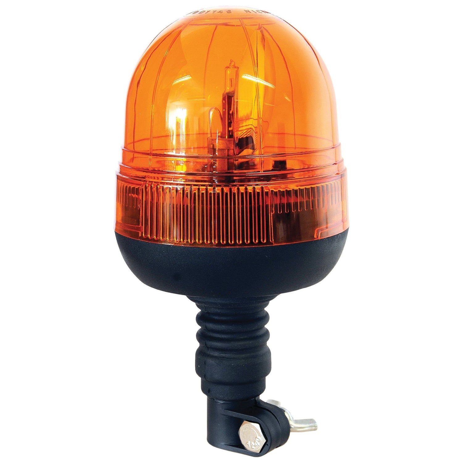 The Sparex Halogen Beacon, Flexible Pin, 12/24V - S.113180, features an IP65 rating and comes in orange with a black base. This industrial beacon is mountable vertically and showcases its internal components.