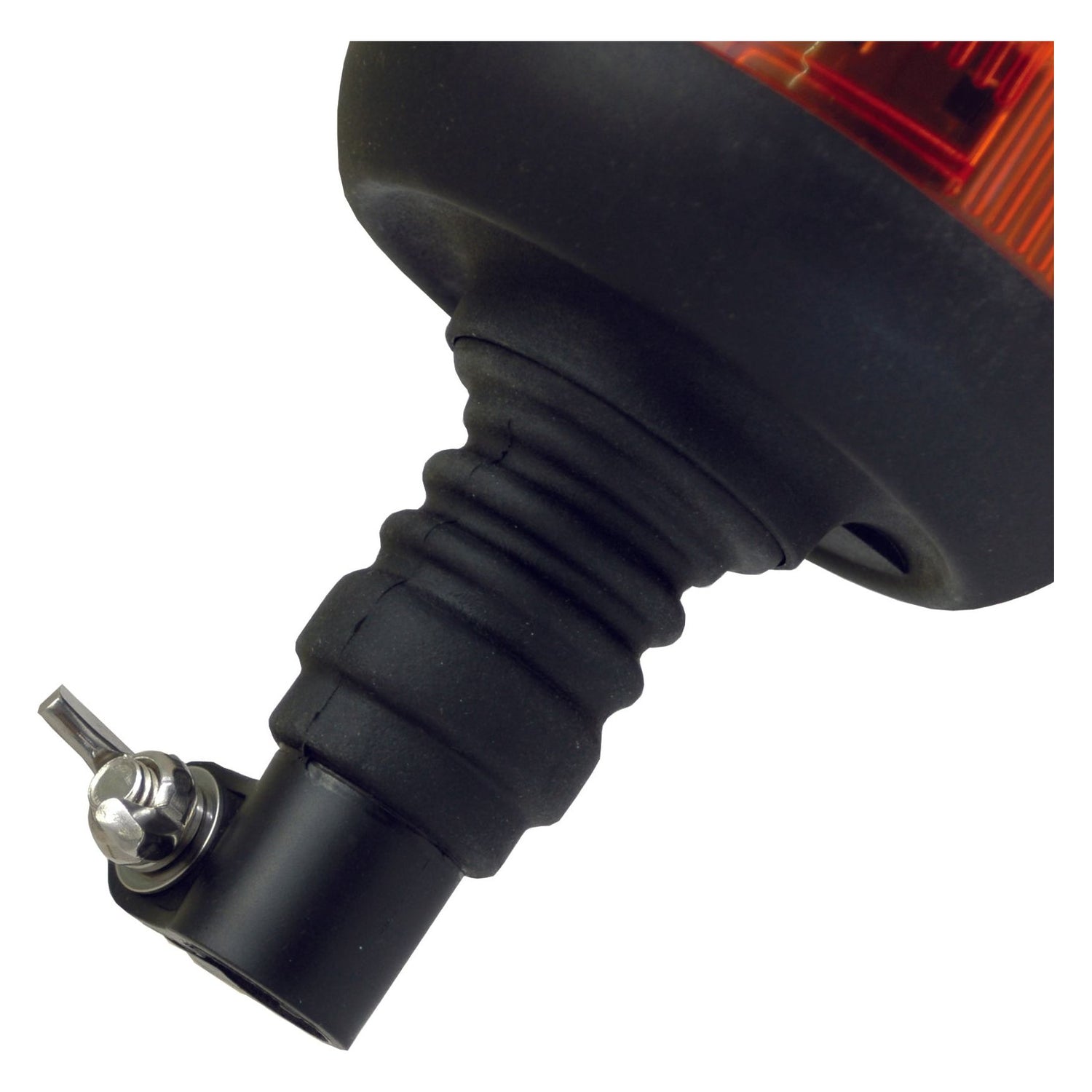 Close-up of the Halogen Beacon, Flexible Pin, 12/24V - S.113180 by Sparex with a textured grip and screw fastening, featuring an IP65 rating and attached securely to a part of the bike frame.