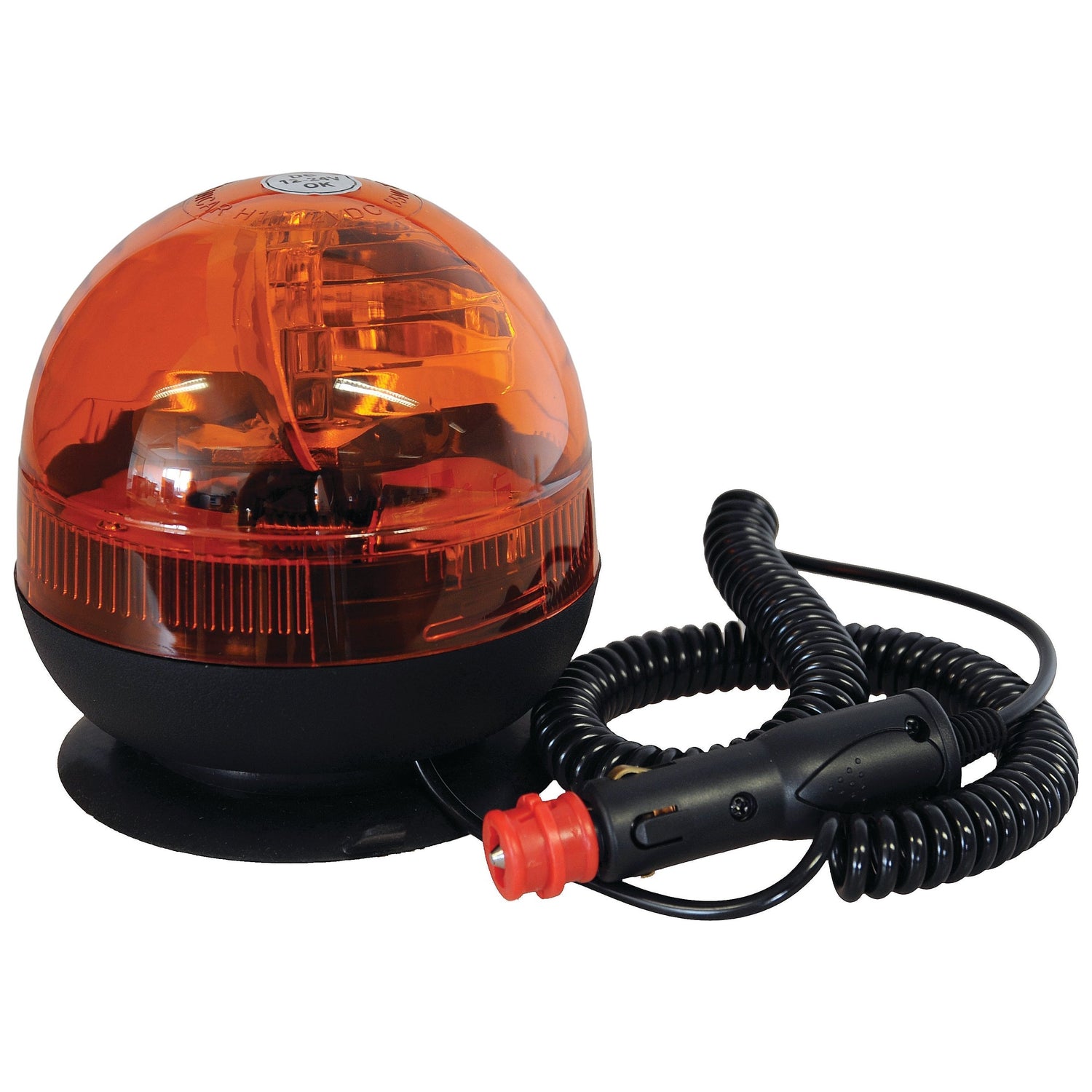 The Sparex Halogen Beacon, Magnetic, 12/24V - S.113185 is an orange emergency strobe light with an IP65 rating that features a coiled power cord and a plug for vehicle cigarette lighters, ensuring easy installation with its convenient magnetic fixing.