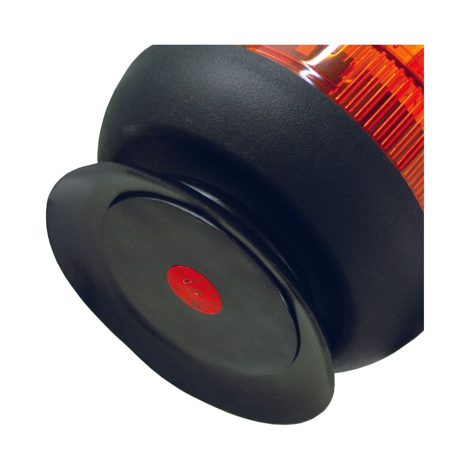 Close-up of the bottom part of a black and orange Halogen Beacon, Magnetic, 12/24V - S.113185 by Sparex, featuring a flat black base and an IP65 rating for durability.
