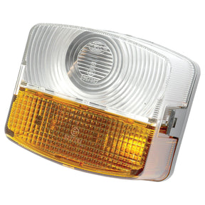 The Sparex Front Combination Light (Halogen), 12/24V, LH, Straight - S.56130 is a rectangular Hella vehicle light featuring ridged polycarbonate lenses with a clear upper section and an amber lower section in a square pattern.