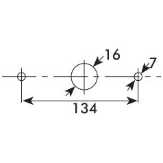 Technical drawing illustrating the Front Combination Light (Halogen), 12V, LH, Straight - S.56364 by Sparex: two circles are spaced 134 units apart. The left circle has a diameter of 16 units, and the right circle has a diameter of 7 units, with precise position indicators provided.
