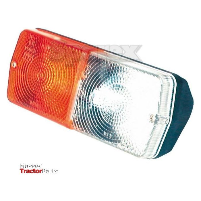 A Sparex Front Combination Light (Halogen), 12V, LH, Straight - S.56364, with a rectangular shape, featuring orange and clear lenses and the text "Massey Tractor Parts" in the bottom left corner. This position/indicator light is part of the Sparex collection.