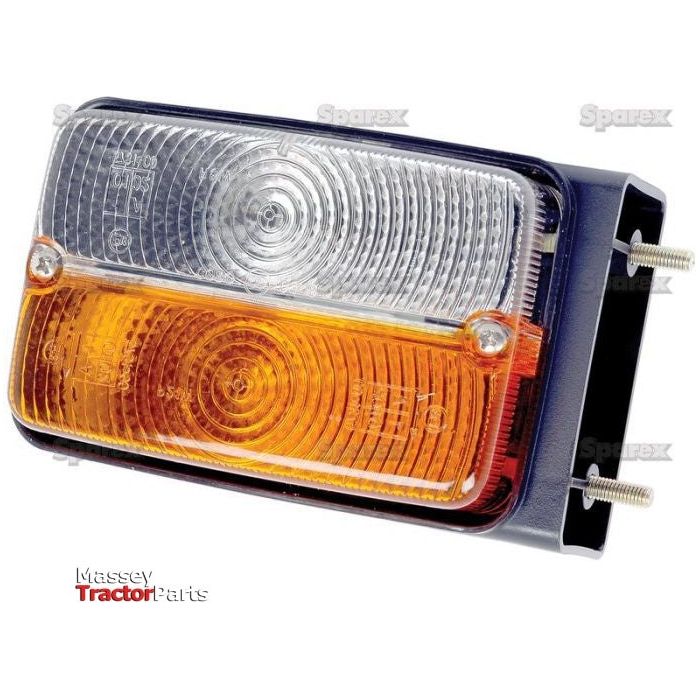 A rectangular amber and clear Sparex Front Combination Light (Halogen), 12V, LH, Straight - S.56367 featuring an Amber/Clear Lens with two mounting bolts. The Massey Tractor Parts logo is visible in the lower left corner.