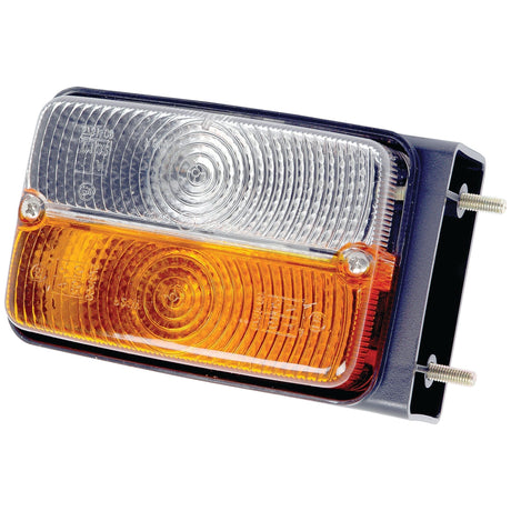 The Front Combination Light (Halogen), 12V, LH, Straight - S.56367 by Sparex features a rectangular design with an amber/clear lens and a halogen light source, mounted on a black frame secured with two silver screws.