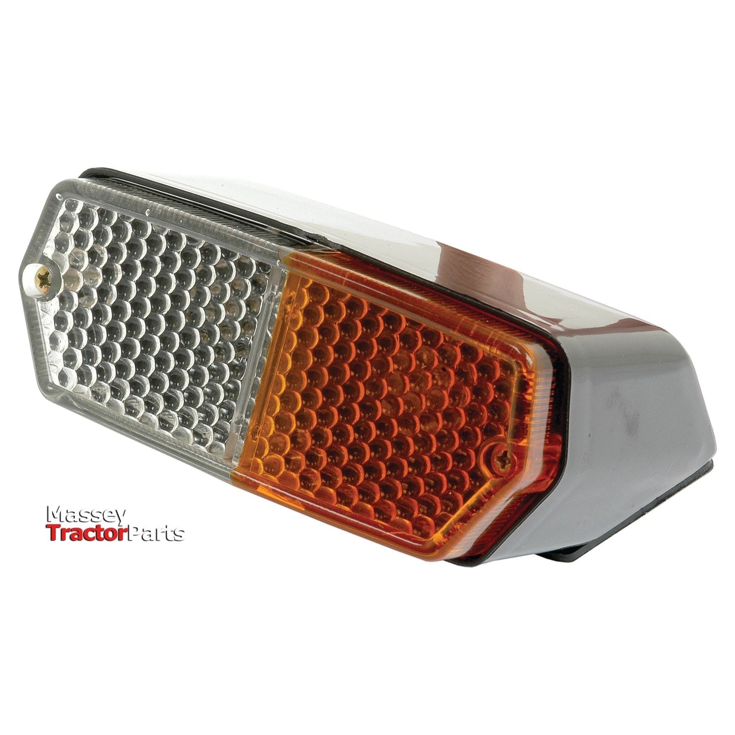 A close-up of the Sparex Front Combination Light (Halogen), 12V, LH, Straight - S.62456 showcases its red and amber lens segments within a durable polycarbonate housing, complete with the Massey Tractor Parts logo in the bottom left corner.