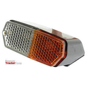 A close-up of the Sparex Front Combination Light (Halogen), 12V, LH, Straight - S.62456 showcases its red and amber lens segments within a durable polycarbonate housing, complete with the Massey Tractor Parts logo in the bottom left corner.