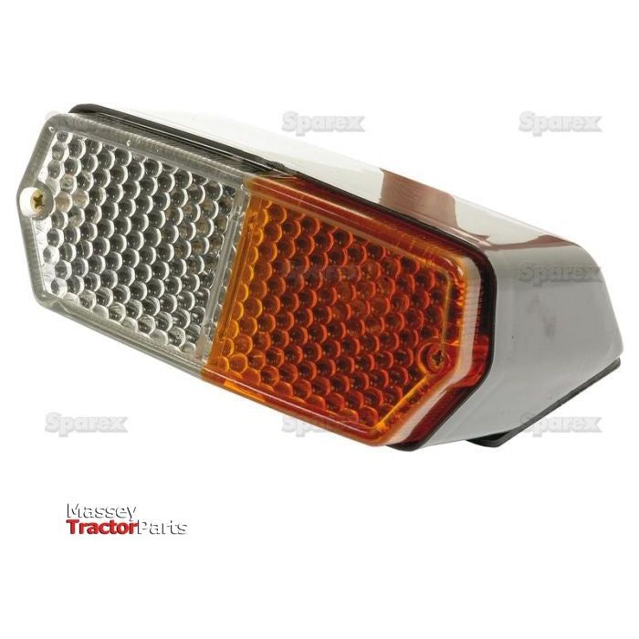 A front combination light (halogen) with red, amber, and clear polycarbonate housing on a white background. It is labeled "Sparex Massey Tractor Parts" in the bottom left corner.