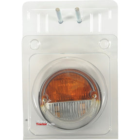 The clear plastic packaging holds the Sparex Front Combination Light (Halogen), 12V, RH & LH, Straight - S.27108 featuring a round vehicle light with orange and clear lens segments. Behind the light is a white card with the text "Massey Tractor Parts".