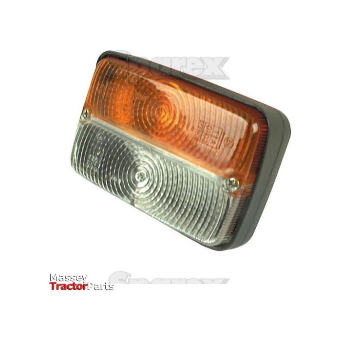 A rectangular taillight with an amber/clear lens and a clear lower section on a white background. The text "Massey Tractor Parts" is in the bottom left corner. The product shown is a Sparex Front Combination Light (Halogen), 12V, RH & LH, Straight - S.41133.