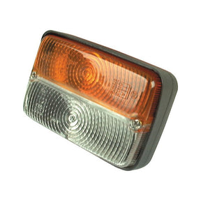 The Sparex Front Combination Light (Halogen), 12V, RH & LH, Straight - S.41133 is a rectangular vehicle light with an amber/clear lens featuring an amber upper half and a clear lower half, secured by four screws.