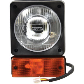 A square vehicle headlight with a clear lens and Sparex branding, identified as the Front Combination Light (Halogen), 12V, RH & LH, Straight - S.56299, equipped with an IP65 rating for water and dust resistance, is mounted above an orange rectangular turn signal light and connected by a wire with a plug.