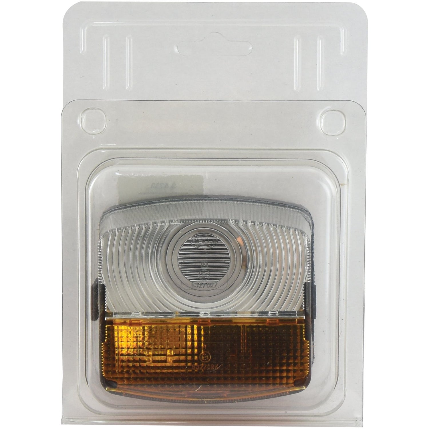 A Sparex Front Combination Light (Halogen), 12/24V, RH, Straight - S.29828 features a position/indicator light with an amber/clear lens and is housed in transparent plastic packaging with a cardboard backing.
