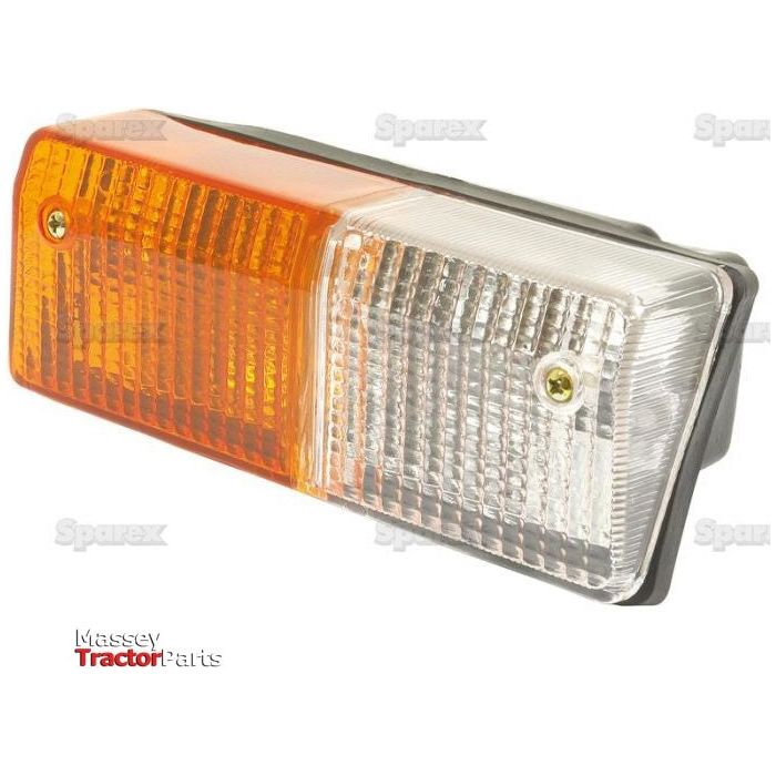 The Halogen Front Combination Light (RH) - S.56291 by Sparex is a dual-function tractor lamp featuring an amber clear lens, with a position indicator light on the left and a clear signal light on the right.