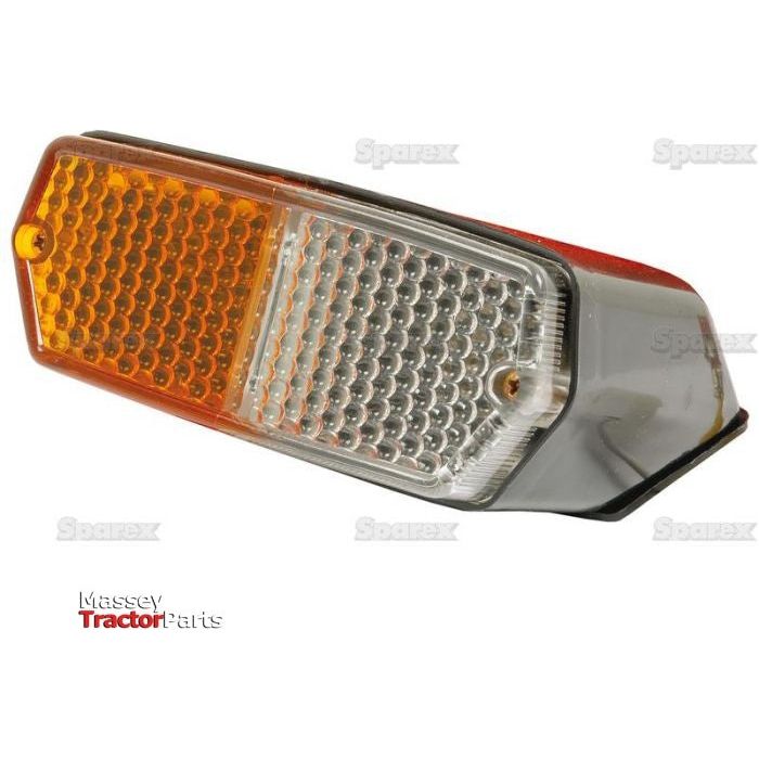This front combination light (halogen), model S.62455, operates on 12V and is designed for the right-hand side of Massey tractors. The light features amber and clear sections within a reinforced polycarbonate cover, and its rectangular design is complemented by a black base with the "Sparex" branding in the background.