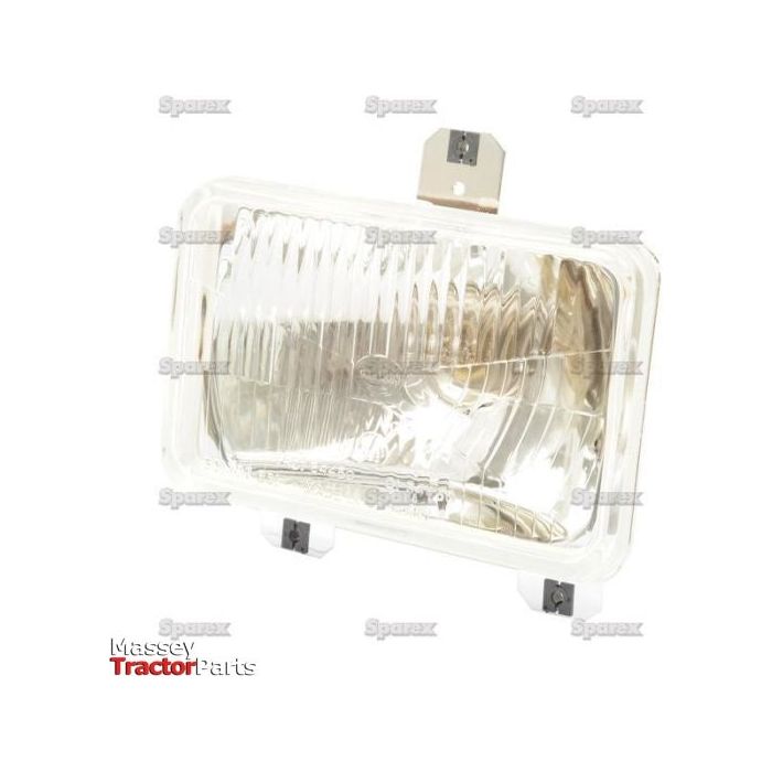 A rectangular headlight assembly with a clear lens and mounting brackets, branded by Sparex, featuring halogen bulbs for bright illumination, displayed against a white background. The product is named "Head Light, (Halogen), RH & LH, RH Dip, 12V - S.43907.