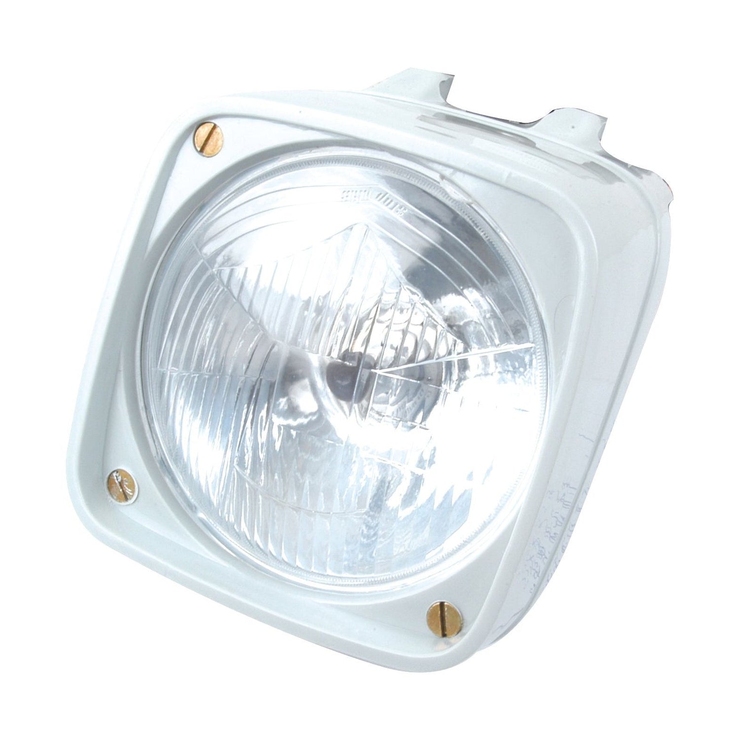 The Sparex Head Light and Cowl Kit, model S.66212, is a square-shaped headlight with a clear lens and white frame, secured by four brass screws at the corners, featuring a 12V halogen light for optimal brightness.